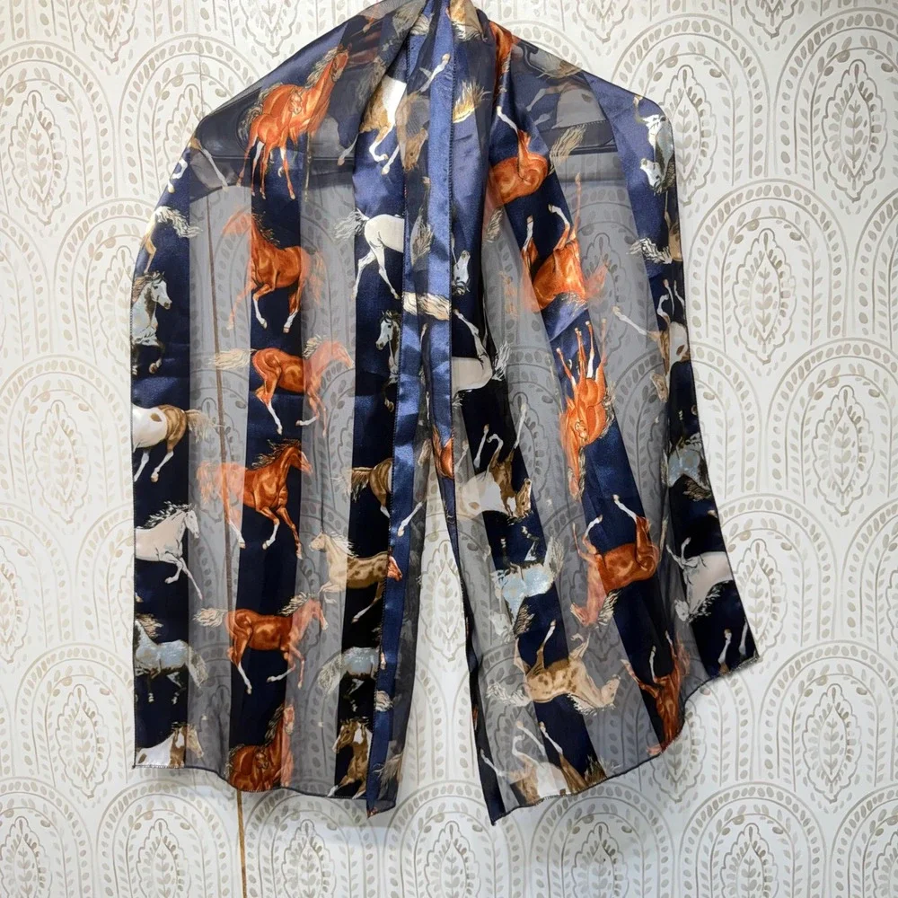 Unbranded Horse Print Scarf Womens OS Navy Blue Equestrian Sheer Striped Western